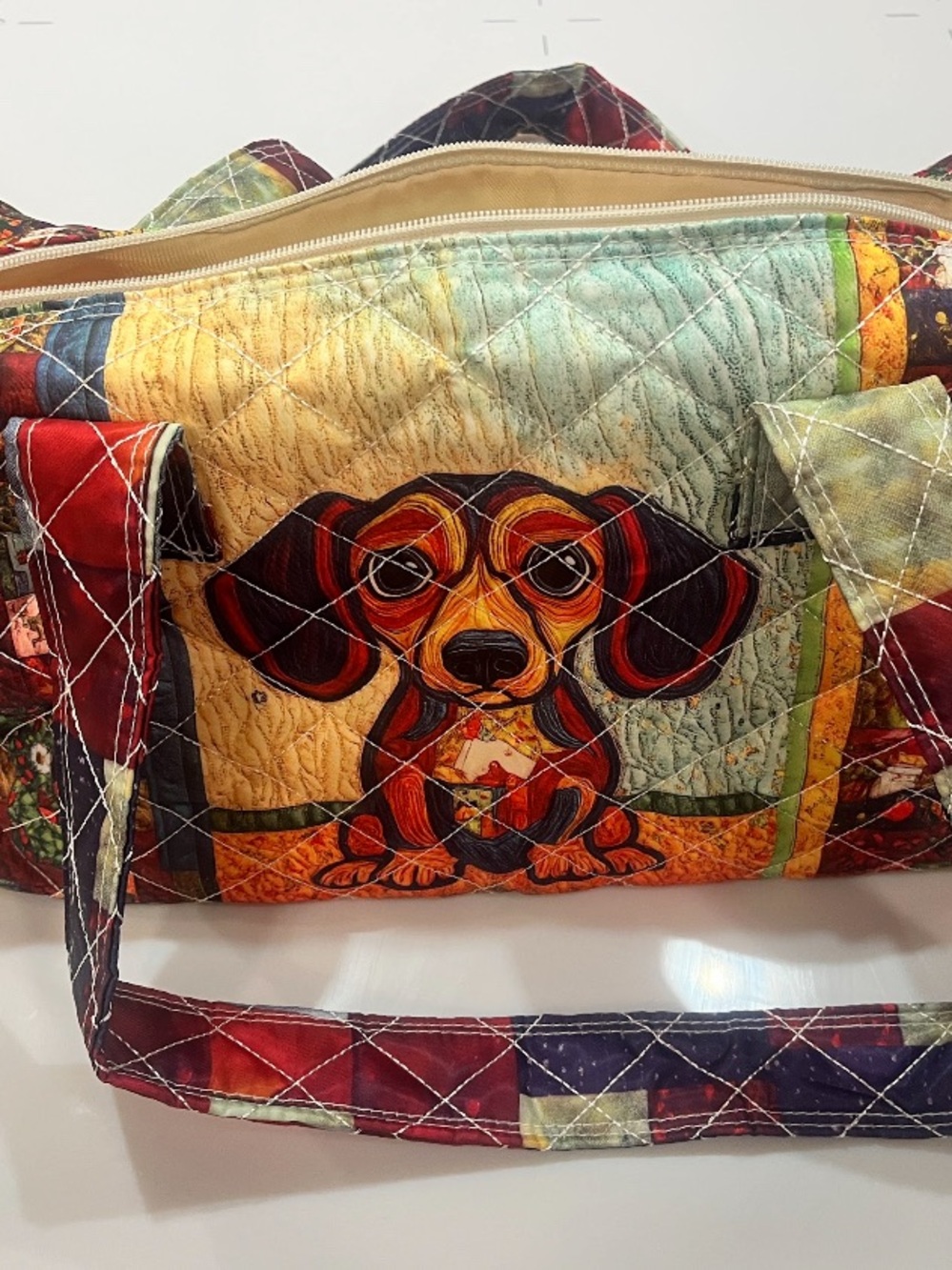 Quilted Multicolor Dachshund Print Dog Small Duffle Bag - Unbranded